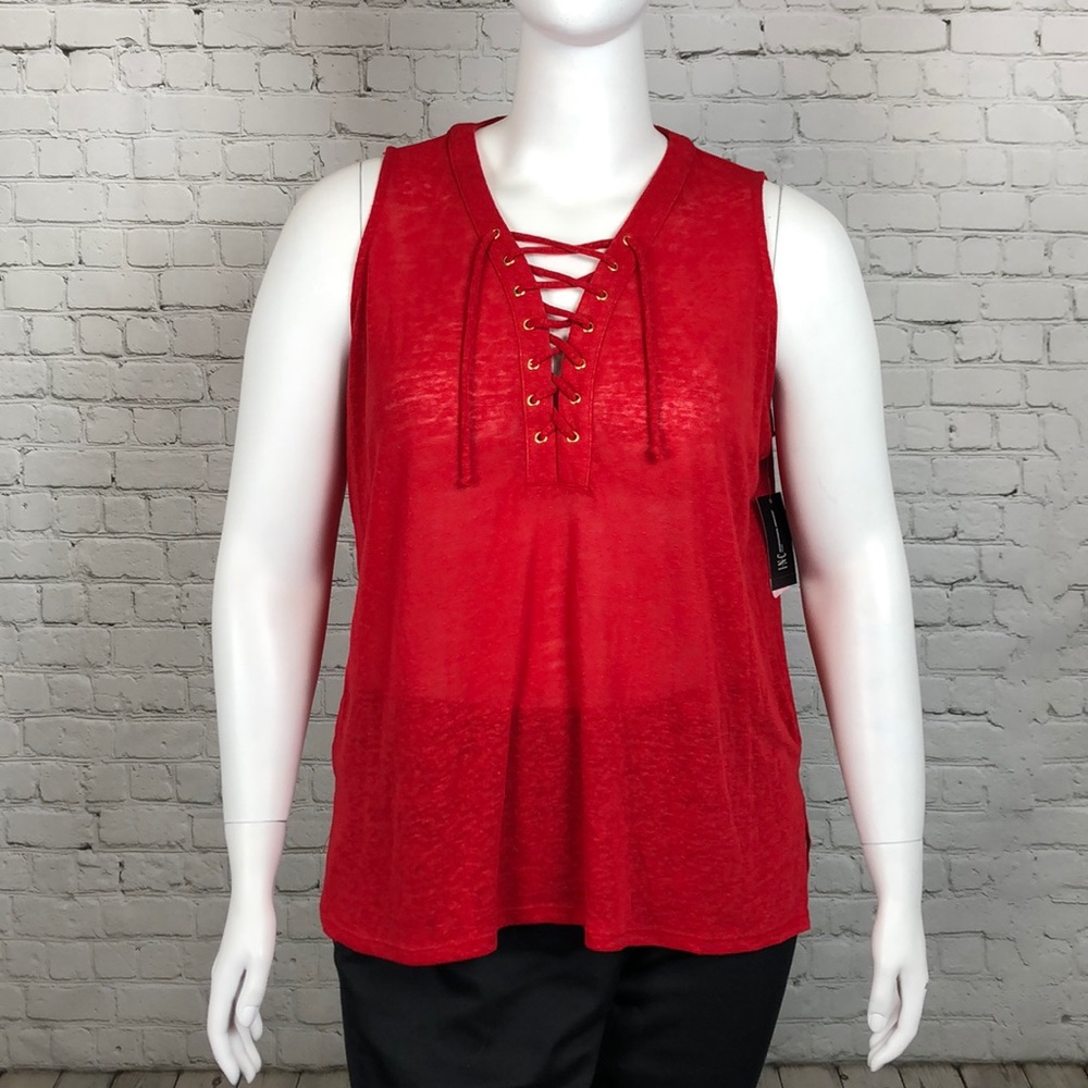 INC Red Burnout Tie Front Tank Top Plus Size - Picture 2 of 5